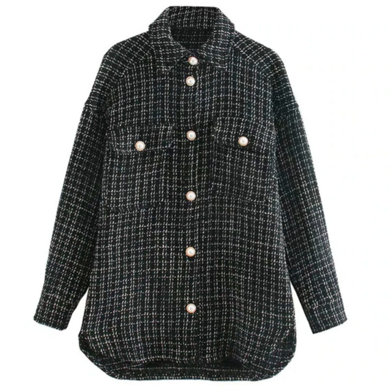Thumbnail: Women Vintage Oversize Plaid Long Shirts Black