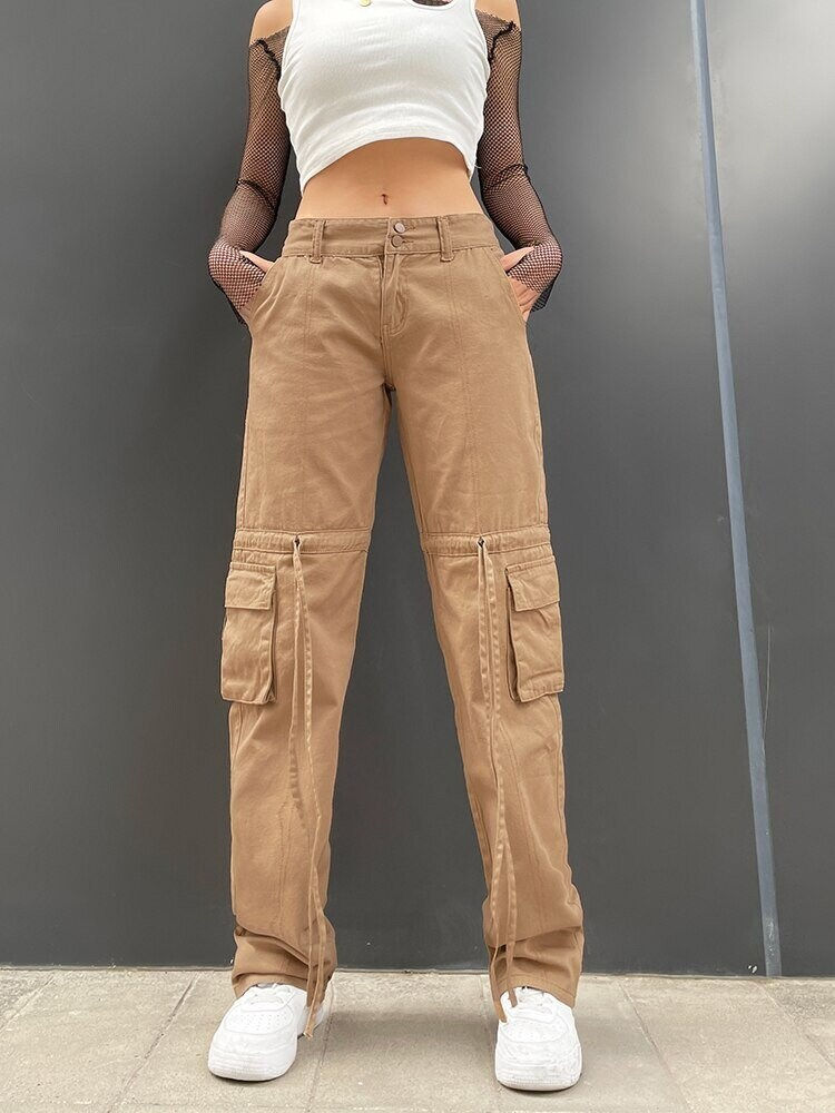 Thumbnail: Baggy Drawstring Cargo Khaki Pants Model Back