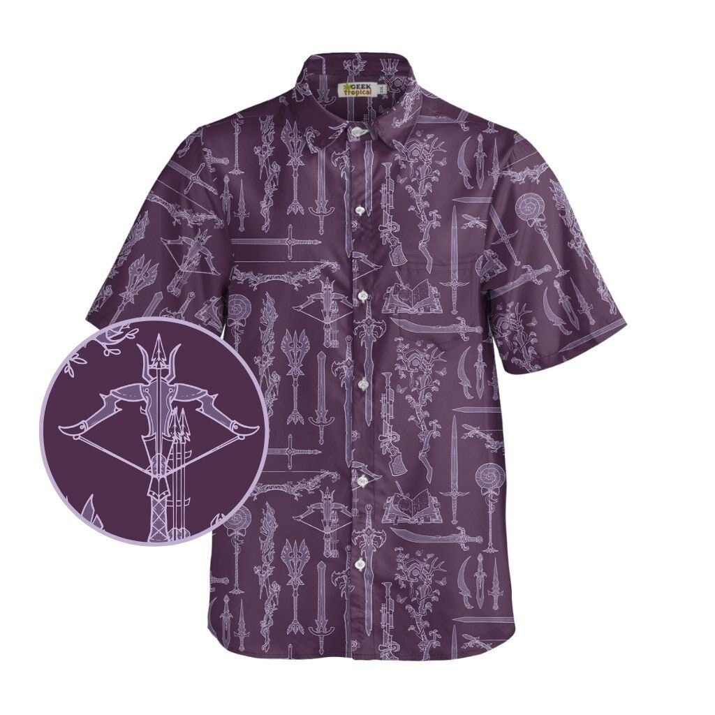 Dnd Weapons Purple Button Up Shirt Front