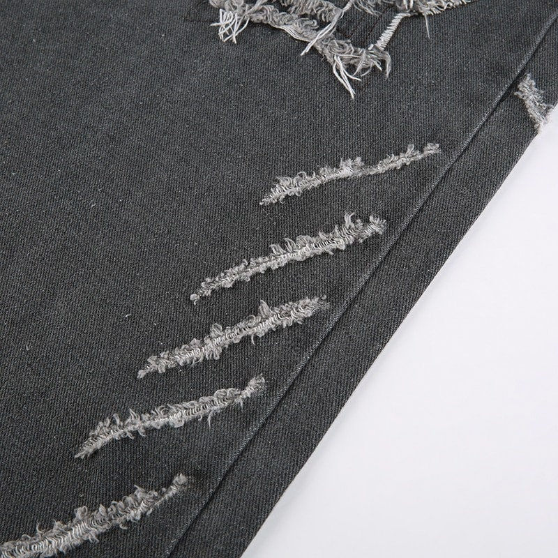 Thumbnail: Star Printed High Waisted Wide Leg Gray Denim Pants Ripped