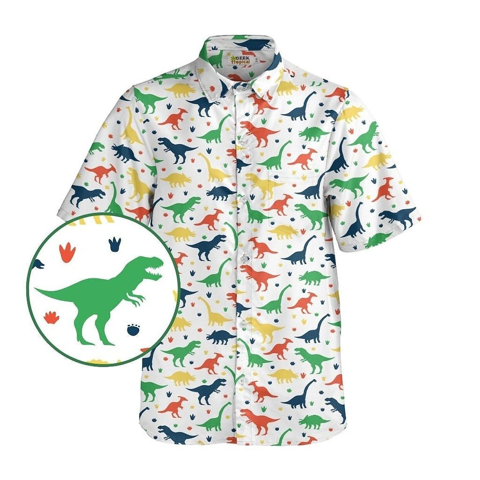 Thumbnail: Colorful Dinosaur Silhouettes White Button Up Shirt Front