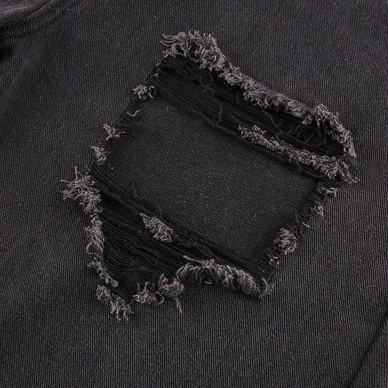 Thumbnail: Holes Ripped Designed High Waisted Black Denim Pant