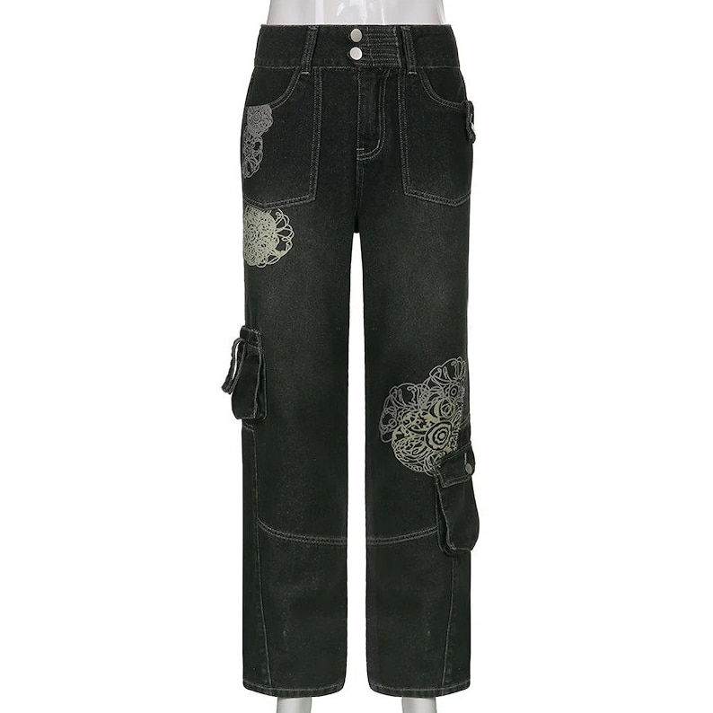 Thumbnail: Side Pockets Designed High Waisted Baggy Cargo Denim Pants Back Front