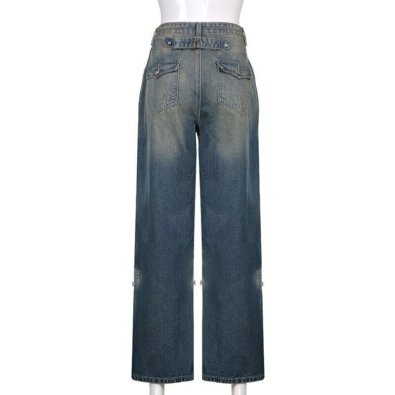 Thumbnail: High Waisted Blue Denim Cargo Pants Back