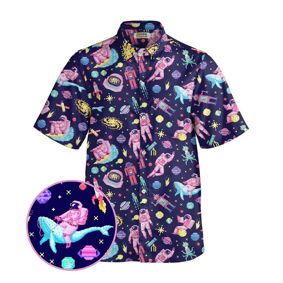 Thumbnail: Astronaut Pixels Outer Space Purple Blue Button Up Shirt Front