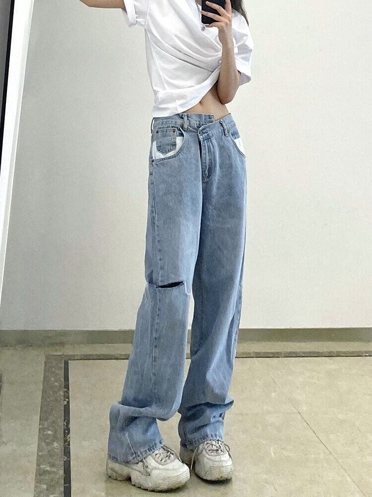 Misplaced Button High Waisted Ripped Jeans model Standing