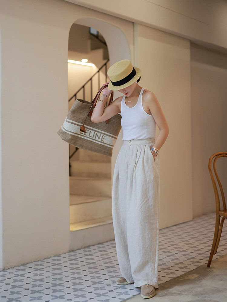 Thumbnail: White Linen Wide Leg Loose Casual Pants Model Side View