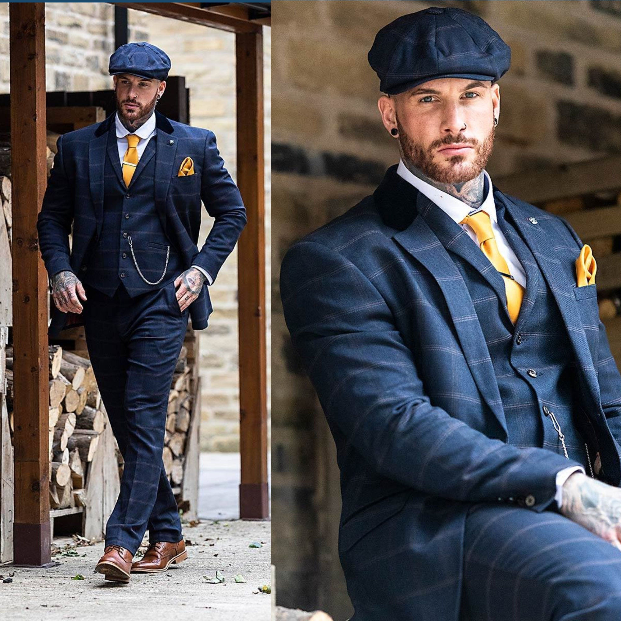Navy Blue Tweed Check Herringbone Suit Model
