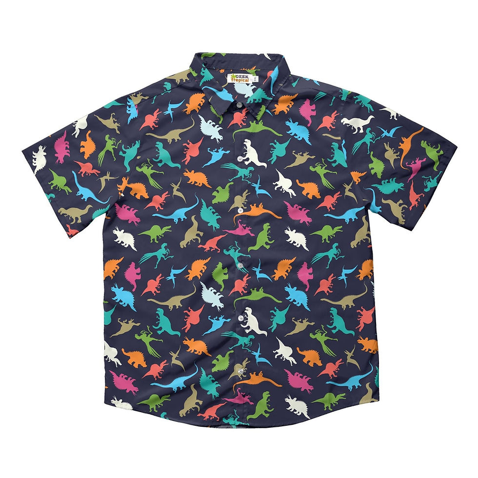 Colorful Dinosaur Silhouettes Navy Button Up Shirt Wide