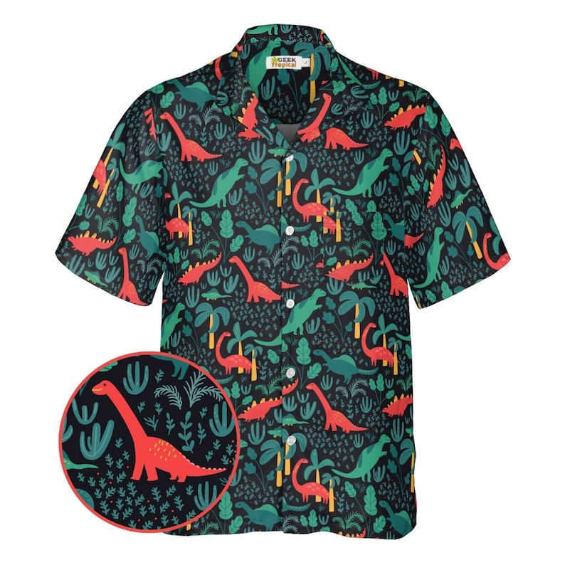 Tropical Dinosaur Green Aloha Hawaiian Shirt Front