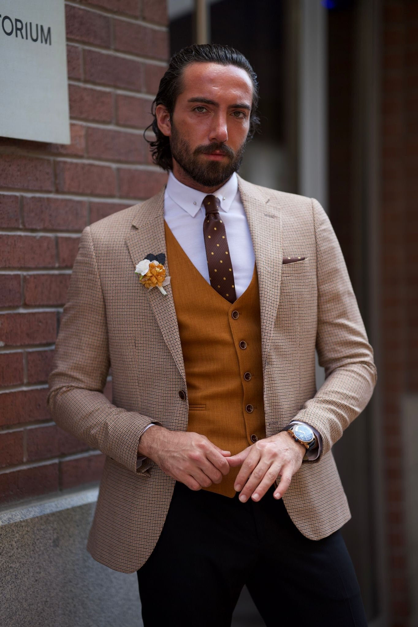 Beige Slim Fit Italian Plaid Suit Model Front
