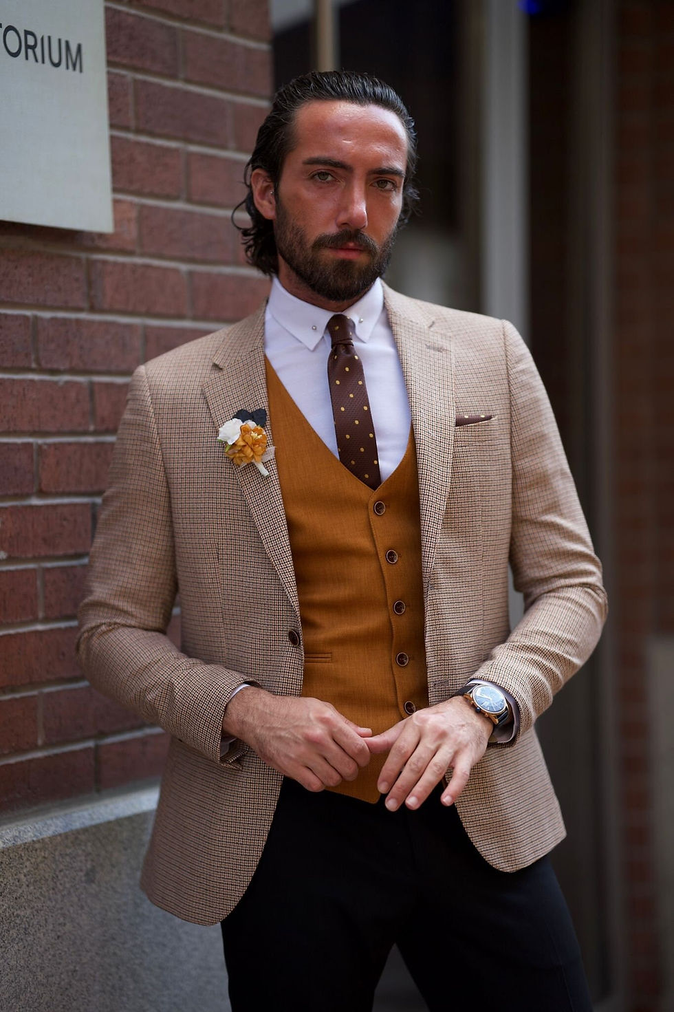 Thumbnail: Beige Slim Fit Italian Plaid Suit  Model Front