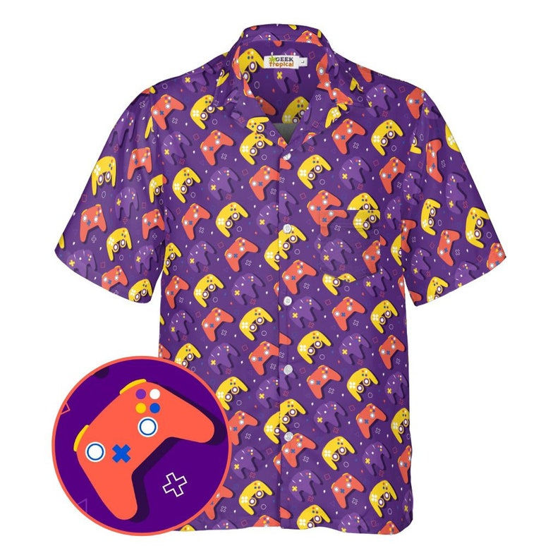 Retro Controller Collection Purple Video Game Button Up Shirt Front