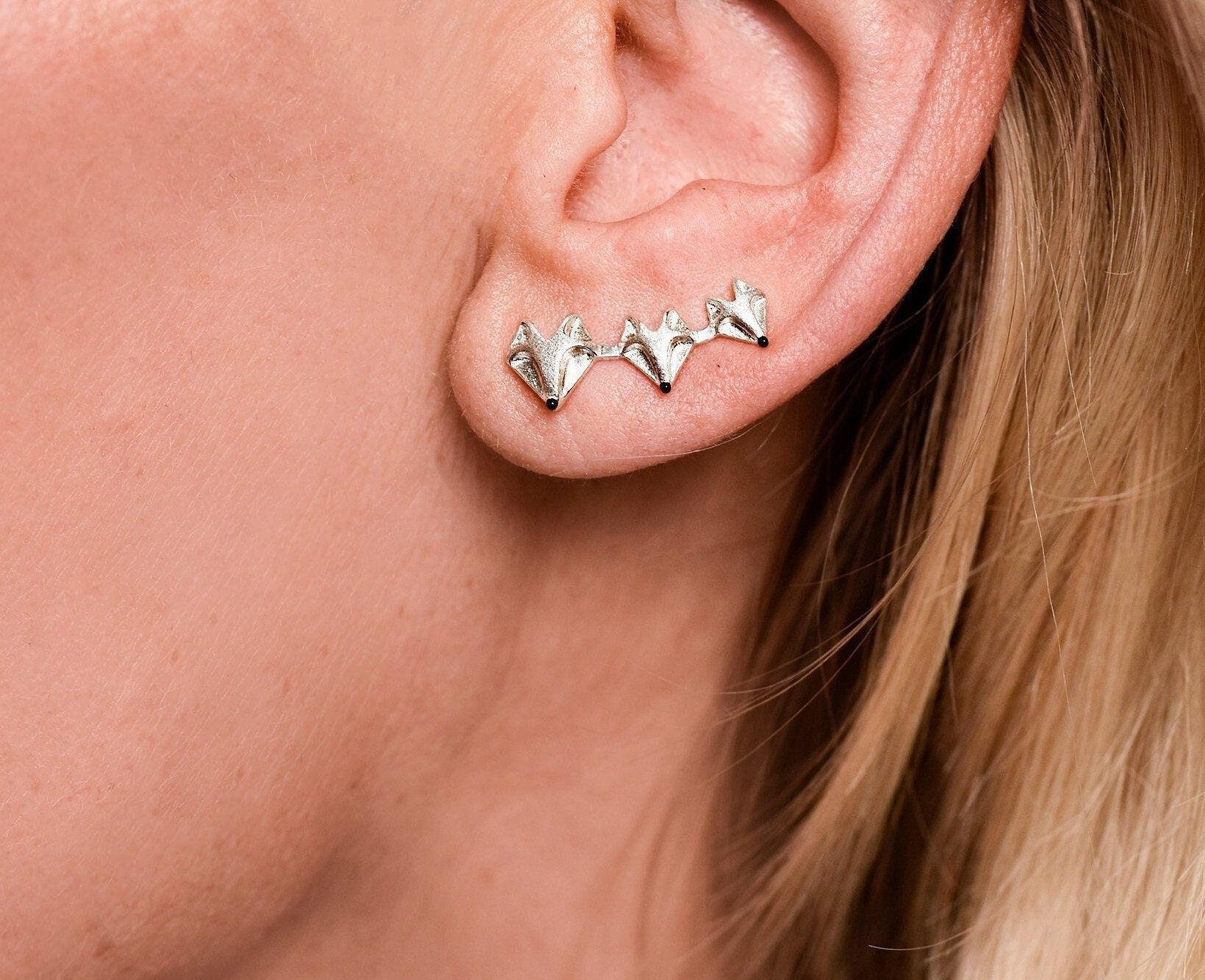 Fox Family Ear Climbers 925 Sterling Silver Earrings Front