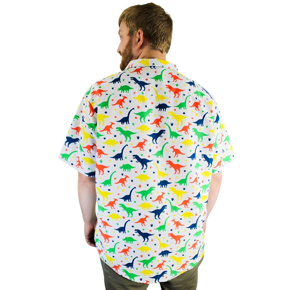 Thumbnail: Colorful Dinosaur Silhouettes White Button Up Shirt model Back