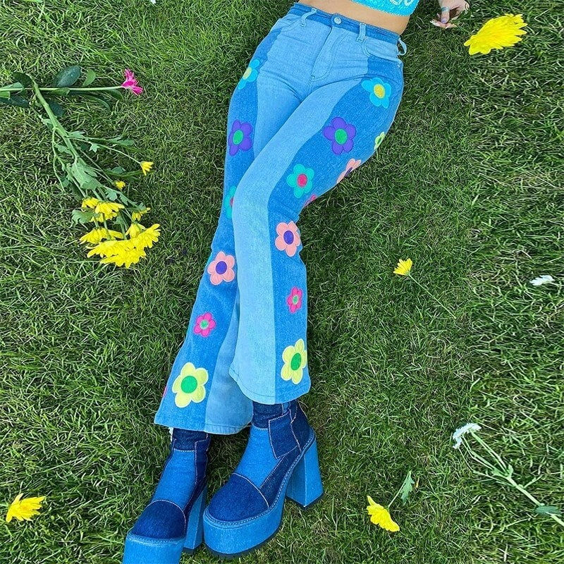 Thumbnail: Y2K Floral Print & Flare Designed Blue Patchwork Denim Pant Model