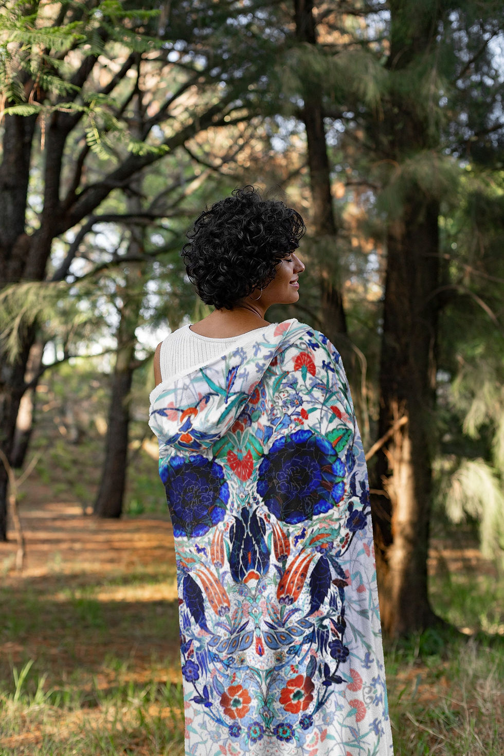 Blue Floral Boho Skull Hooded Blanket back