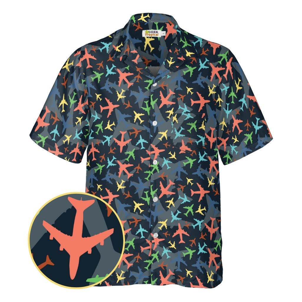 Multi Colored Airplanes on Blue Button Up Shirt Front