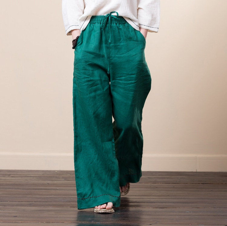 Thumbnail: Linen Wide Leg  green Pants With Elastic Waist Band