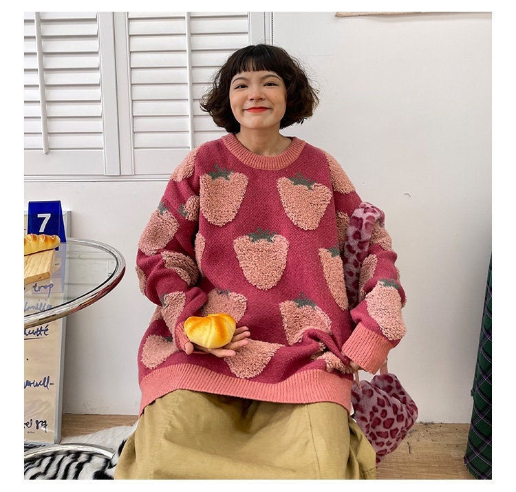 Harajuku Strawberry Embroidery Long Sleeve Sweater