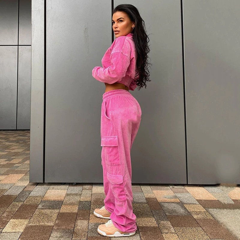 Thumbnail: High Waisted Baggy Pink Velvet Cargo Pant Model Side
