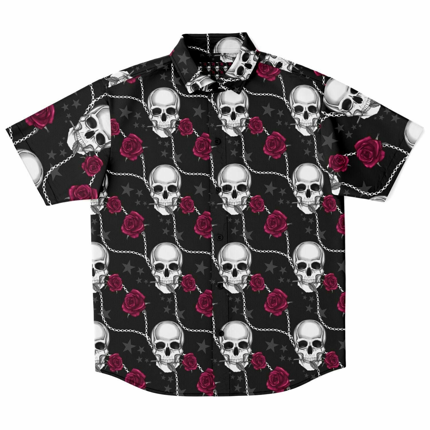 Gothic Skulls & Roses Short Sleeve Button Down Shirt Front