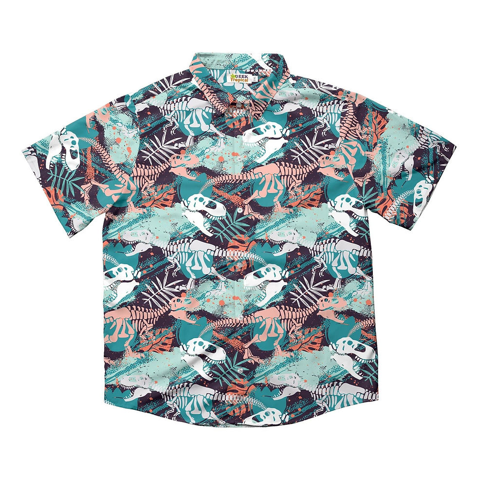 T-Rex Bones Footprints Green Dinosaur Button Up Shirt Wide