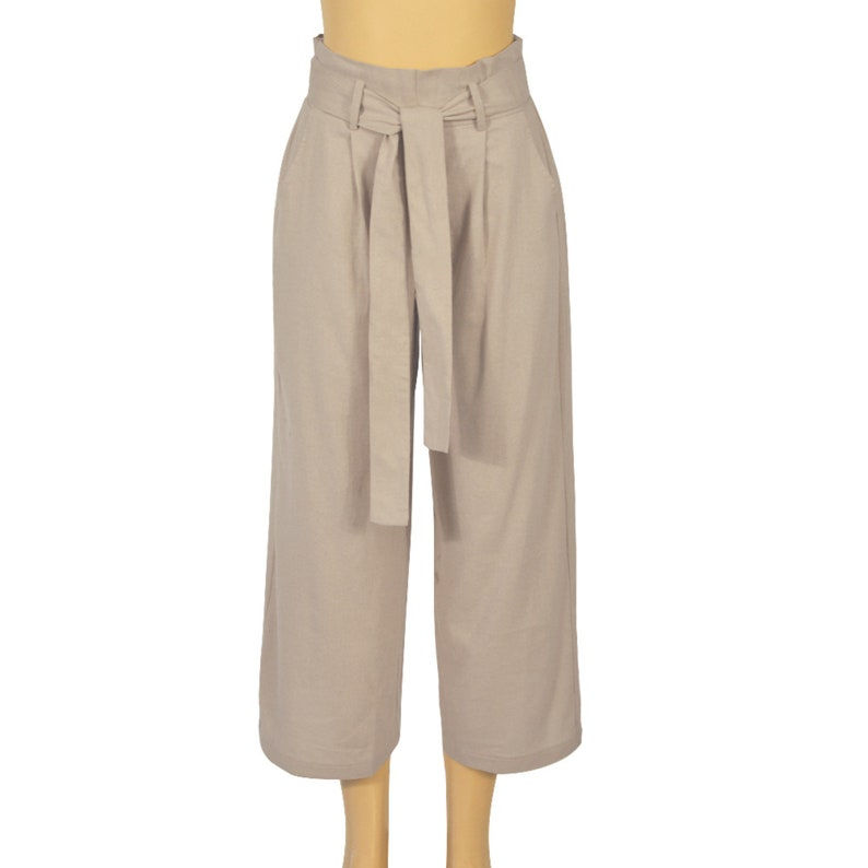 Thumbnail: Beige Cotton Linen Women High Waist Wide Leg Pants front