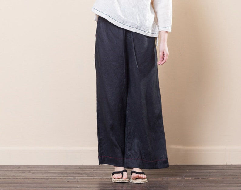 Thumbnail: Linen Wide Leg Black Pants With Elastic Waist Band