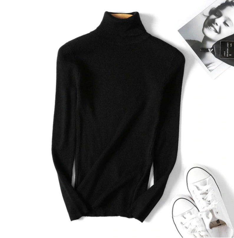 Thumbnail: Women Knitted Foldover Turtleneck Black Sweater
