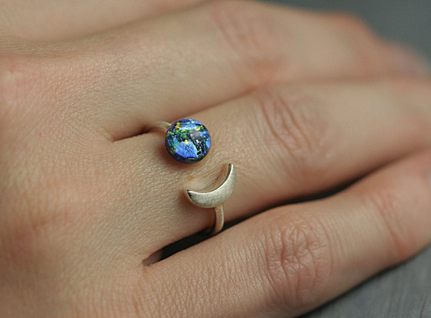 Dainty Sterling Moon & Glass Opal Ring on Finger
