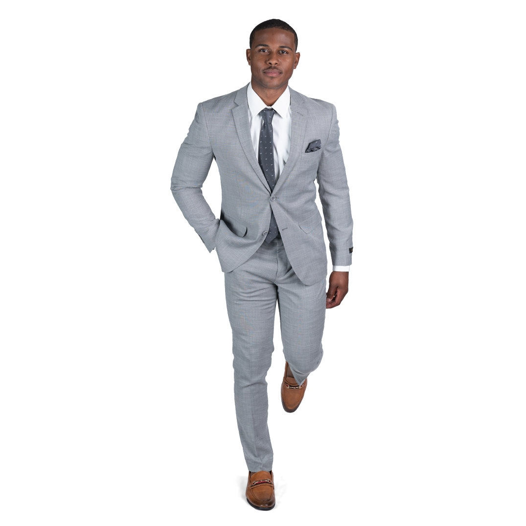Slim Fit Solid Medium Gray Notch Lapel Suit model walking