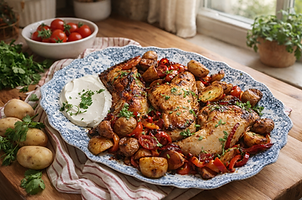 Μπούτια Κοτόπουλου Piri Piri με Πατάτες και Λαχανικά