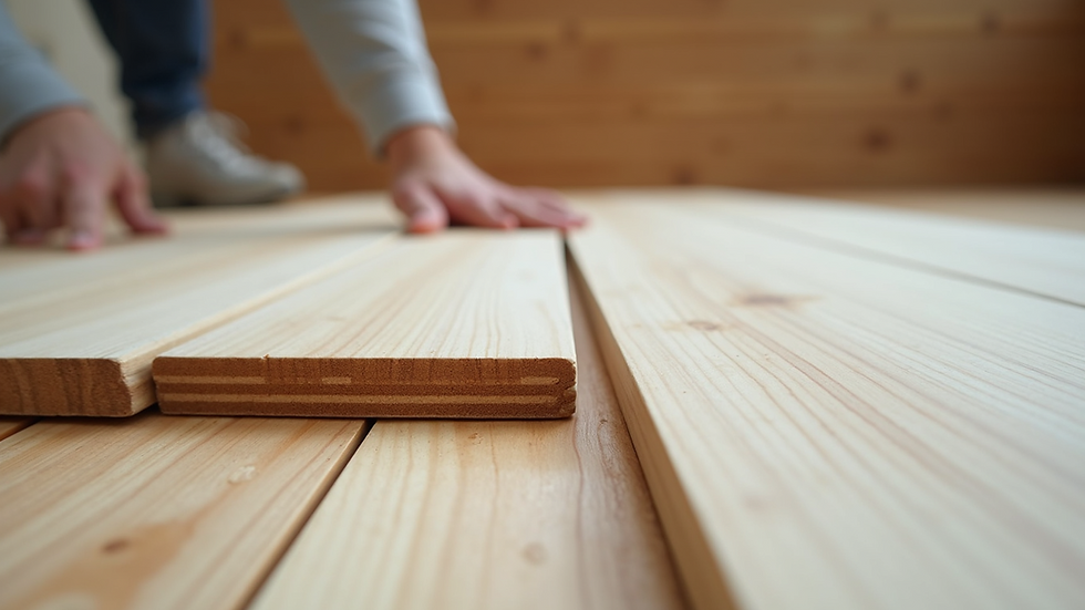 Close-up view of flooring planks being laid with spacers for expansion gaps