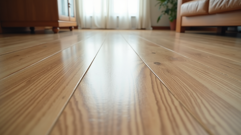Eye-level view of parquet flooring with a glossy lacquer finish in a modern room