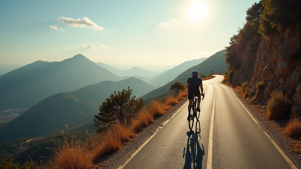 High angle view of a cyclist climbing a steep mountain road in Mallorca