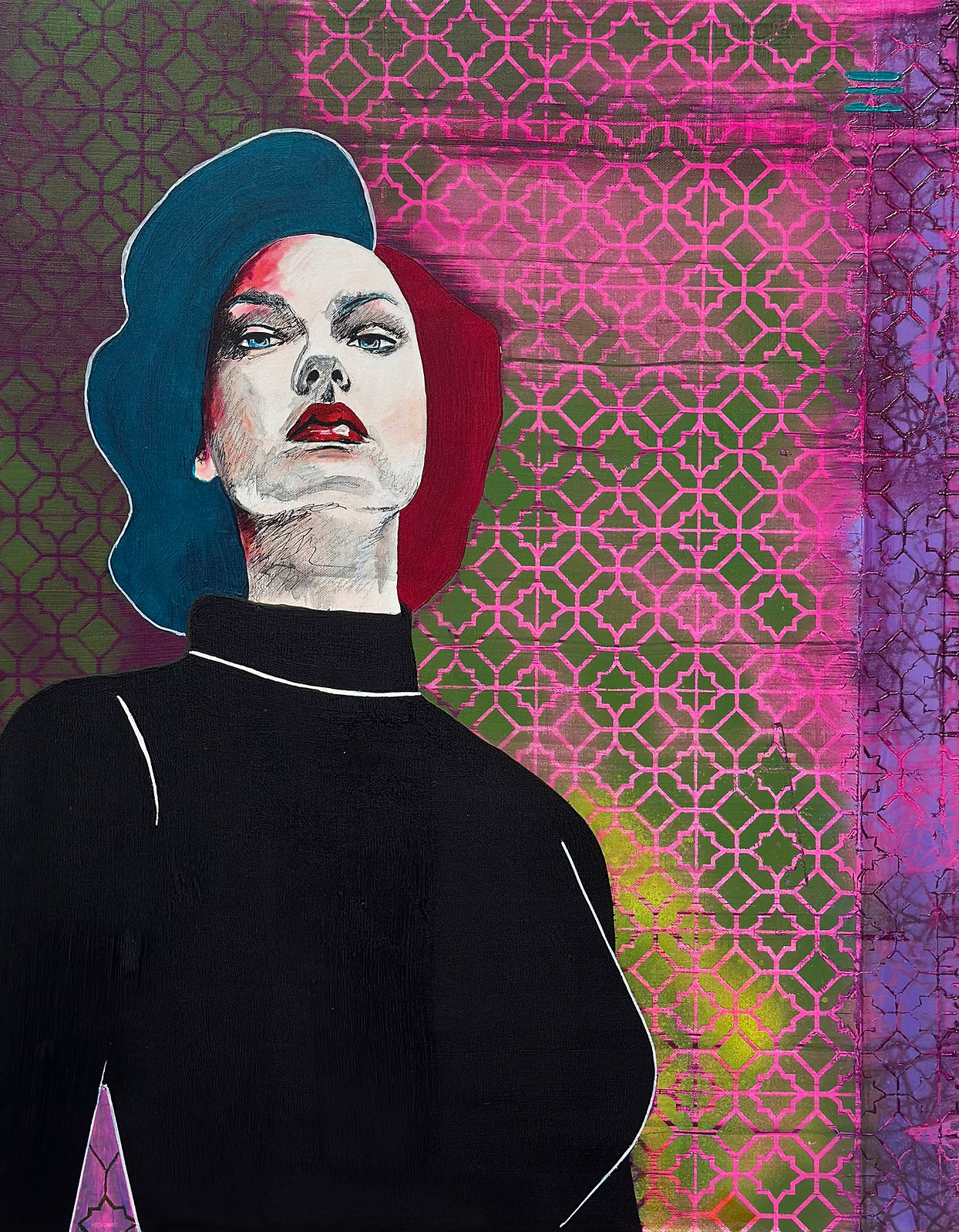 Modern portrait of a confident woman with two-tone hair in front of a geometric Persian-inspired pink and green background. 