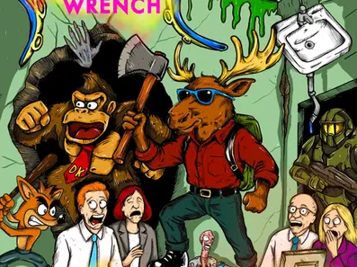 Moose Wrench comic poster with a moose in sunglasses and a gorilla holding an axe, amid shocked people; neon text MR. SIDEQUEST.