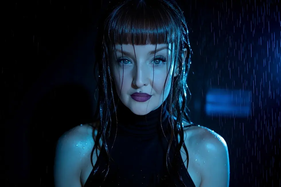 Close-up of a woman with wet dark hair and purple lipstick under blue rain-lit shadows, staring intensely at camera.