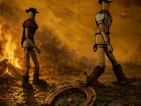 Last Rodeo poster with two cowboy mannequins walking past a blazing fire in a smoky orange scene.