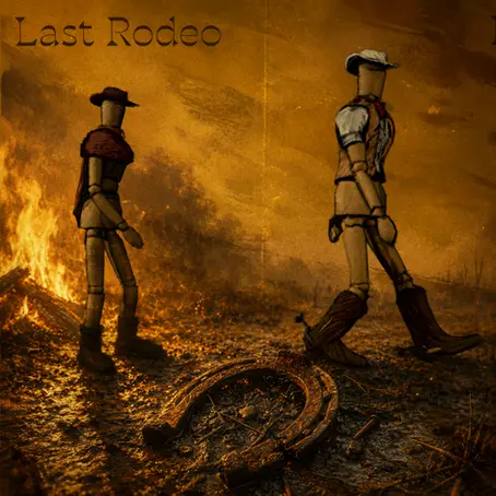 Last Rodeo poster with two cowboy mannequins walking past a blazing fire in a smoky orange scene.
