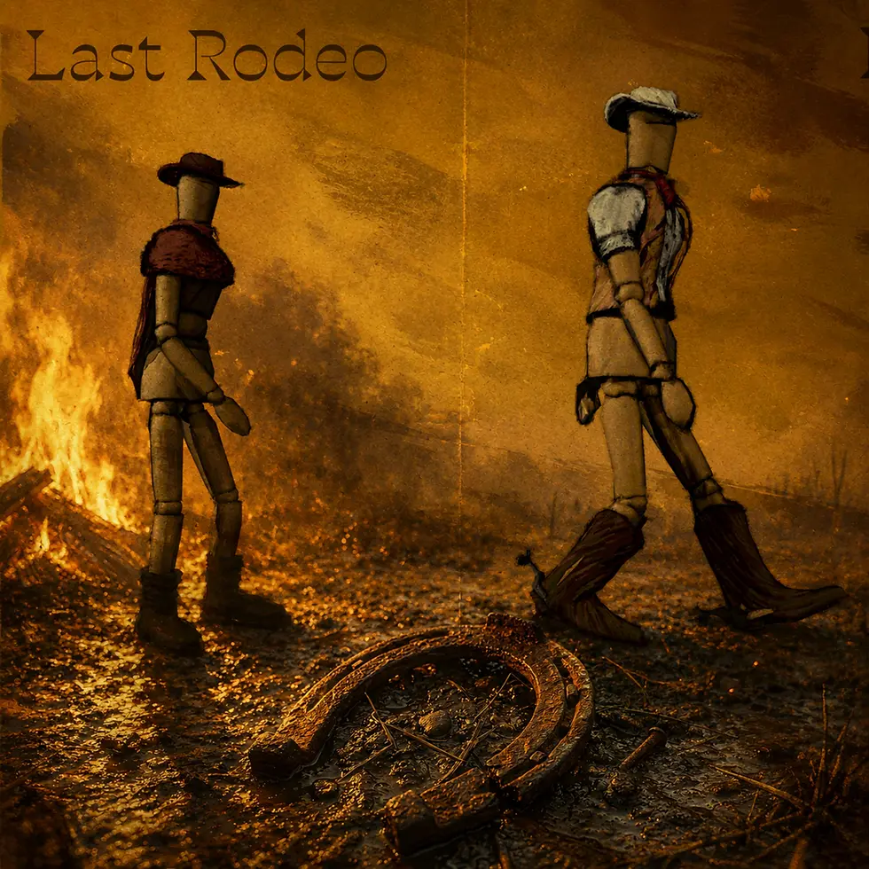 Last Rodeo poster with two cowboy mannequins walking past a blazing fire in a smoky orange scene.