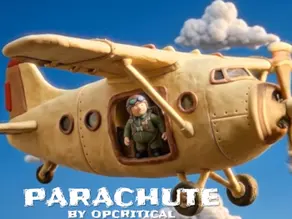 Cartoon skydiver under a cloud parachute spelling FREEDOM against a blue sky with scattered clouds.
