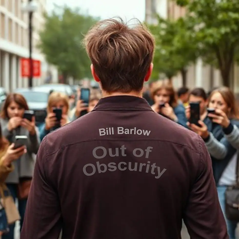 Album, Cover, Art, Brown, AI, Tshirt, Collar, Music, Song, EP, Bill Barlow, Obscurity, Man, Hair, Brunette, Pictures, Public, Crowd, Trees, Green, AI Generated