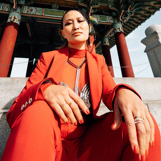 Woman, Asian, Nails, Orange, Red, Suit, Singer, Musician, Artist