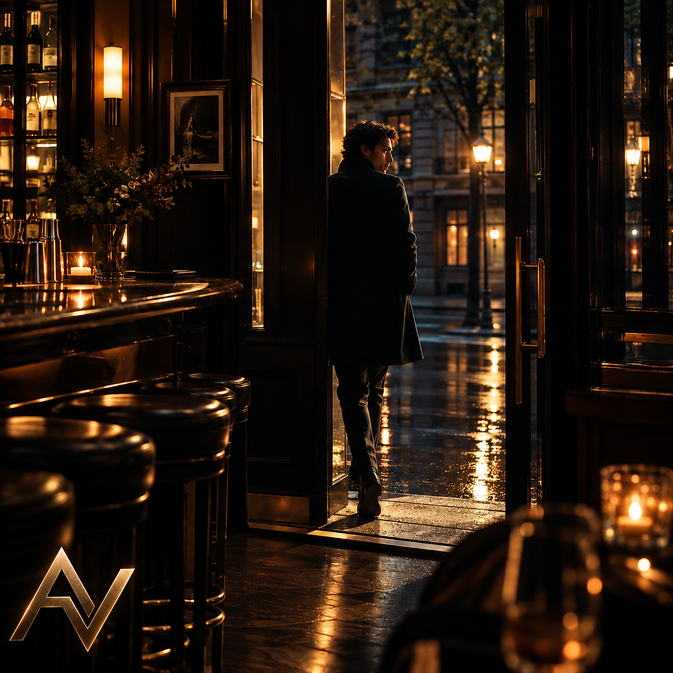 Man in dark coat stands in a warmly lit bar doorway on a rainy night, with stools, bottles, and an AV logo.