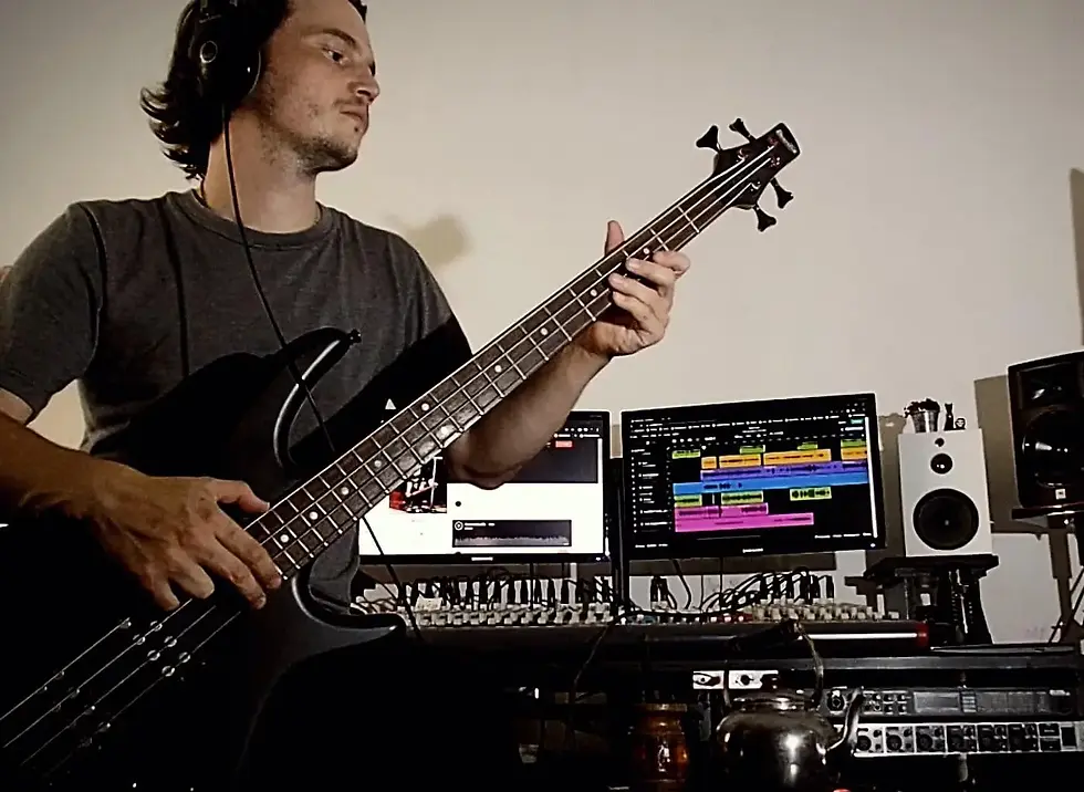 Man, Guitar, Tshirt, Grey, Equipments, Screen, Monitors, Keyboard, Wires, Keys, Piano, Acoustic, Song, Love, House, Studio