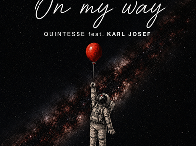 Astronaut in space reaches for a red balloon under On my way by QUINTESSE feat. KARL JOSEF against a starry galaxy.