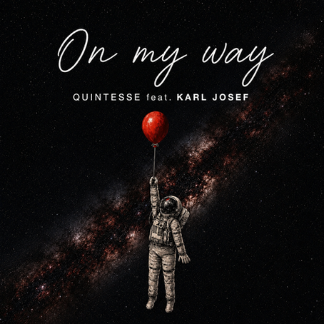 Astronaut in space reaches for a red balloon under On my way by QUINTESSE feat. KARL JOSEF against a starry galaxy.