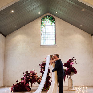 Ceremony backdrop in blush, beige, chocolate at Stones of the Yarra Valley by Sassafras